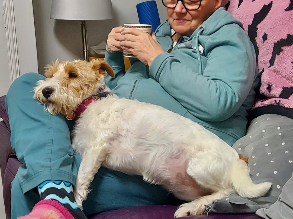 Curled up with dog on sofa